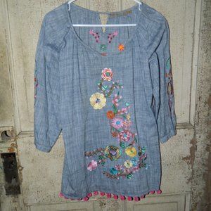 Brown Eyed Girl Designz Boho Denim Embroidered Pompom Top Size M (DD-37)
